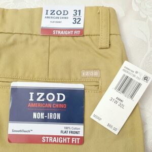 NWT IZOD American Chino Pants Men's 31W x 32L Khaki Straight Fit Non-Iron